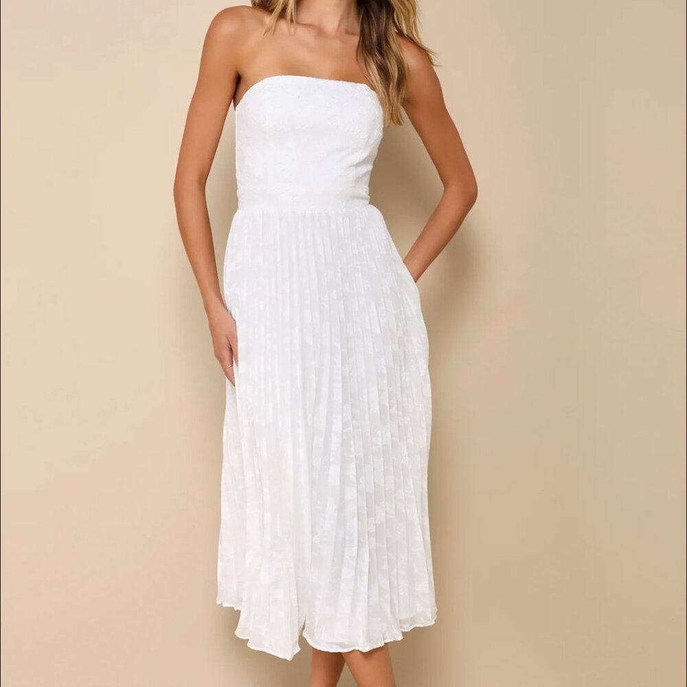 Strapless White Pleated Midi Dress